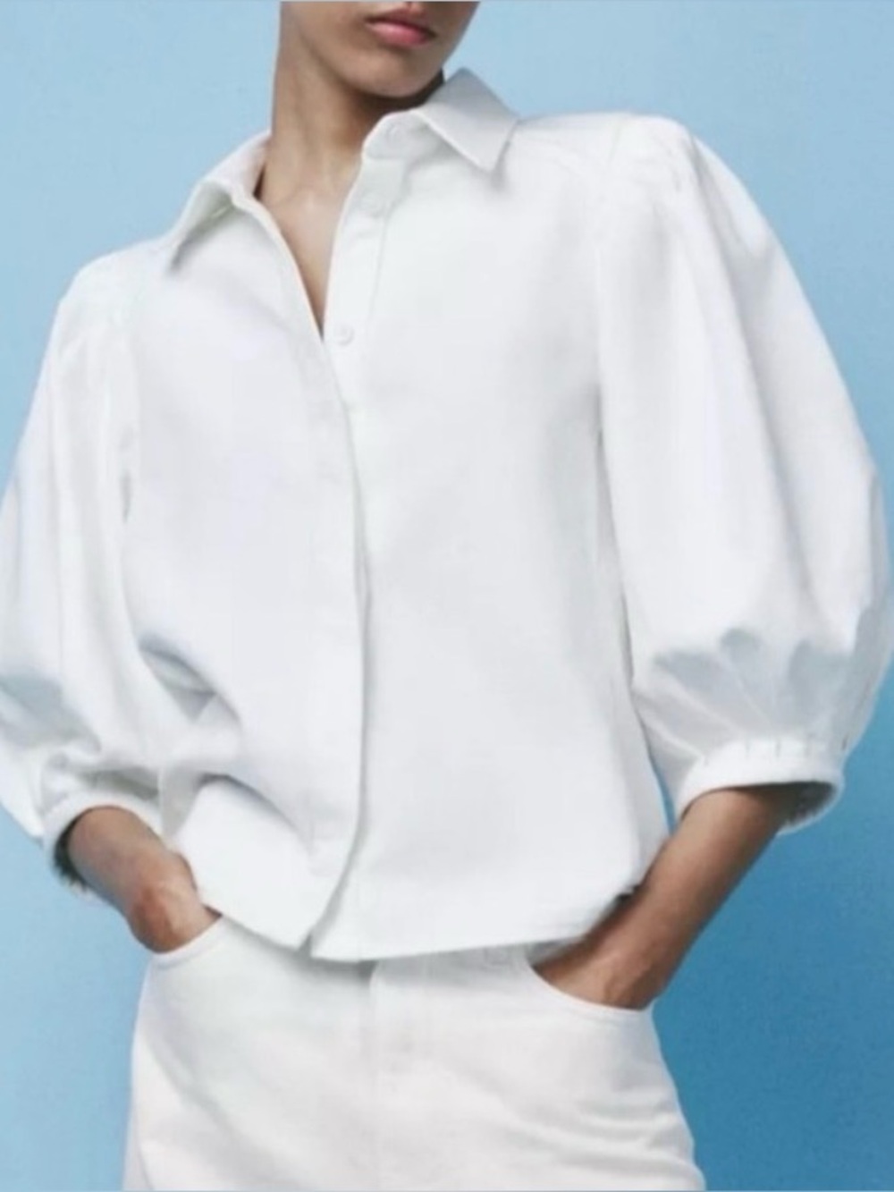 ZARA White Denim Puff Sleeve Button-Front Blouse - Women's Top